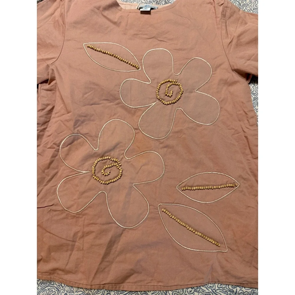 Whitlow & Hawkins Size 16 Girl Blouse Wooden Beads Short Sleeve Dusty Rose Pink